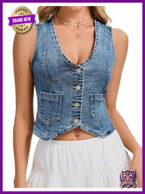 Cropped Denim Vest Sleeveless V-Neck Button Down Jean Top
